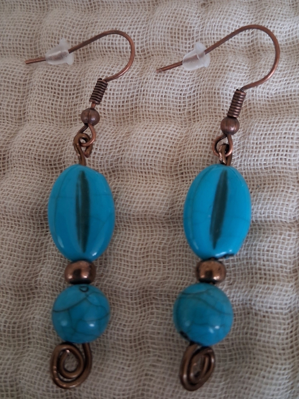 Handmade Turquoise Colored Bead Drop Earrings with Copper Accents